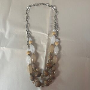 Elegant Silver Tone White Stone and Brown Wood Beaded Necklace